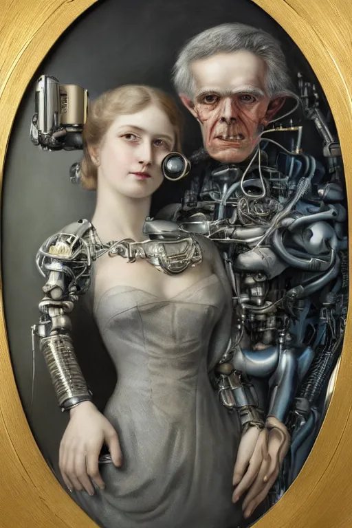 Prompt: a beautiful ultradetailed vintage couples portrait photo of old cyborg standing next to a cyborg sitting on a chair, by tom bagshaw and anna dittman, couples portrait, vignette, 35mm lens, golden ratio composition, detailed faces, studio photography, very detailed, humanoids, artstation, 8k, highly coherent