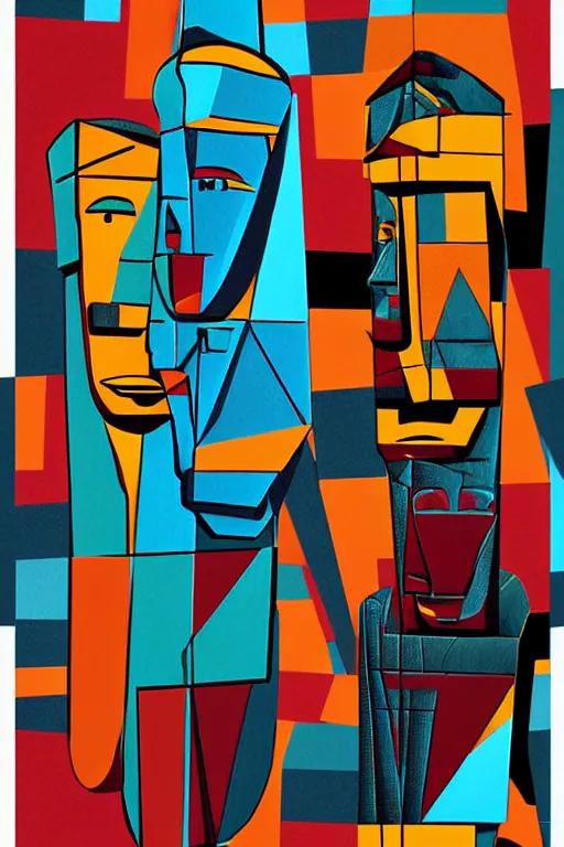 Image similar to cubist moai statue cutout digital illustration cartoon colorful beeple