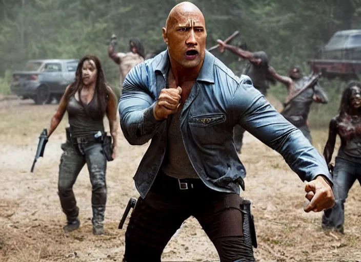 Prompt: film still of dwayne the rock johnson fighting zombies in the new walking dead tv series, 4 k