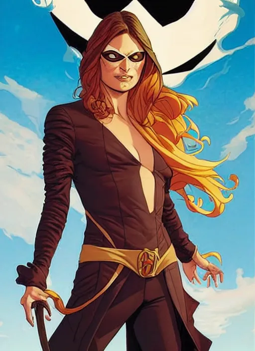 Image similar to Rafeal Albuquerque comic art, Joshua Middleton comic art, pretty female Phoebe Tonkin, pirate, eye patch over left eye, evil smile, pirate clothing, long wavy brown hair, full body:: sunny weather::