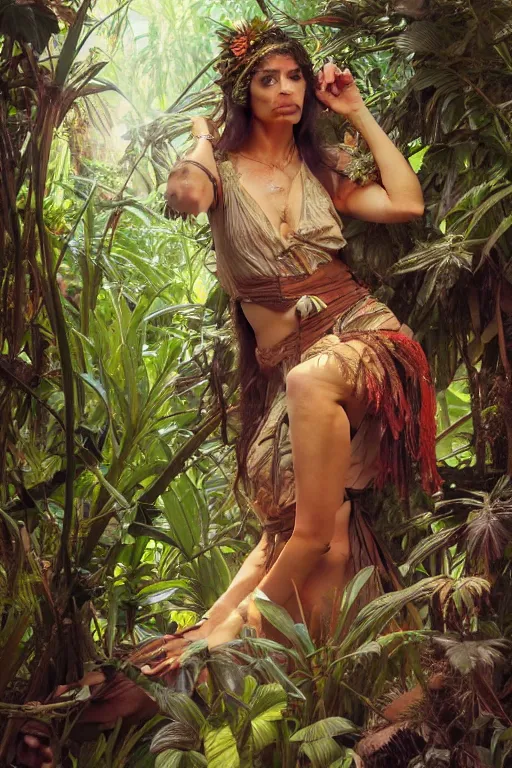 Image similar to ultra realistic illustration, bohemian spanish girl in jungle, staring directly into camera, intricate, elegant, highly detailed, digital painting, artstation, concept art, smooth, sharp focus, illustration, art by artgerm and greg rutkowski and alphonse mucha