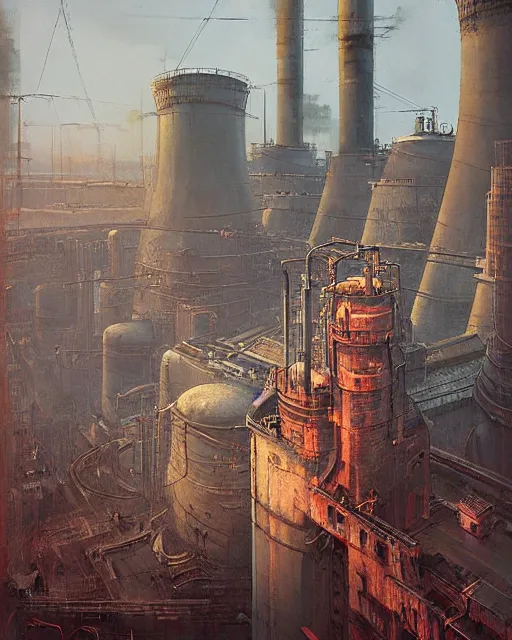 Prompt: a highly detailed epic cinematic concept art CG render digital painting artwork: Soviet power plant. By Greg Rutkowski, in the style of Francis Bacon and Syd Mead and Norman Rockwell and Beksinski, open ceiling, highly detailed, painted by Francis Bacon and Edward Hopper, painted by James Gilleard, surrealism, airbrush, Ilya Kuvshinov, WLOP, Stanley Artgerm, very coherent, triadic color scheme, art by Takato Yamamoto and James Jean