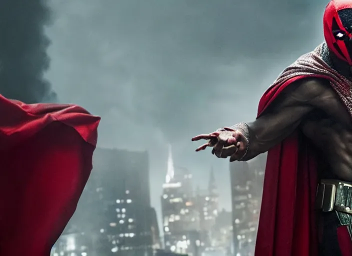 Image similar to film still of michael b jordan as spawn in the new spawn movie, giant chains, large cape, 8 k