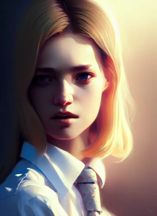 Image similar to ultradetailed beautiful panting of a stylish young woman wearing a shirt with a tie, dramatic, she has blond hair, distressed, volumetric light, by greg rutkowski, ilya kuvshinov, james jean, makoto shinkai, on artstation