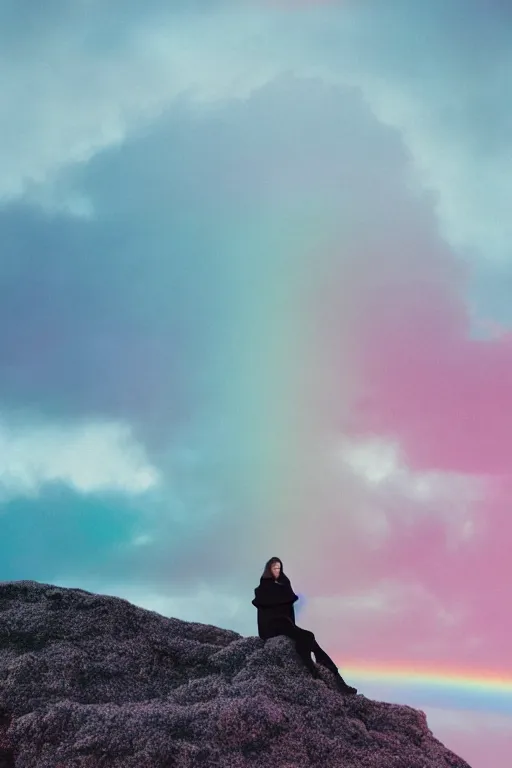 Image similar to high quality pastel coloured film close up wide angle photograph of a model wearing clothing resting on cloud furniture in a icelandic black rock environment in a partially haze filled dreamstate world. three point light, rainbow. photographic production. art directed. pastel colours. volumetric clouds. pastel gradient overlay. waves glitch artefacts. extreme facial clarity. 8 k. filmic.