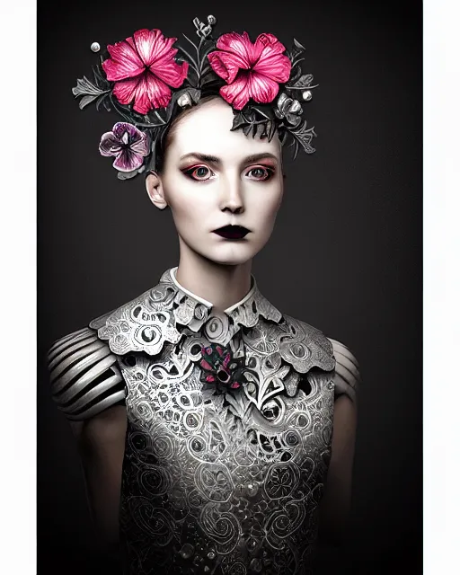 Prompt: monochrome profile portrait painting, dutch masters, silver lace floral steampunk biomechanical beautiful young female cyborg with one fluo techno eye, monocular, volumetric light, leaves foliage and stems, hibiscus flowers, rim light, big gothic fashion pearl embroidered collar, 8 k