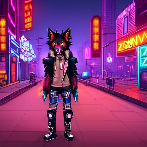 Image similar to beautiful commission digital art portrait commission of an androgynous furry anthro wolf wearing punk clothes in the streets of a cyberpunk city. neon signs, adverts, holographics. character design by zaush, rick griffin, tessgarman, angiewolf, rube, miles df, smileeeeeee, furlana, fa, furraffinity