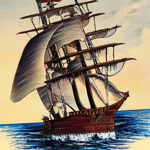 Prompt: a pirate ship sailing to the moon, painted by larry elmore