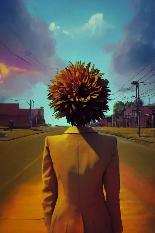 Image similar to closeup giant dahlia flower head, girl in a suit, standing in street, surreal photography, sunrise, dramatic light, impressionist painting, digital painting, artstation, simon stalenhag