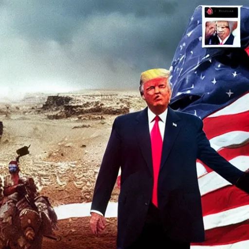 Image similar to Donald Trump as Rambo, holding the head of Biden in left hand and the American flag in right hand, post apocalyptic, wartorn, matte painting, masterpiece