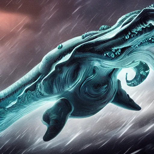 Image similar to top down view of an alien leviathan emerging from a deep ocean during a storm, cinematic lighting, dramatic, masterpiece, trending on artstation