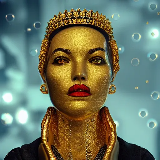 Image similar to queen of gold, 4 k, intricate, jaw dropping, gorgeous, surreal, octane render