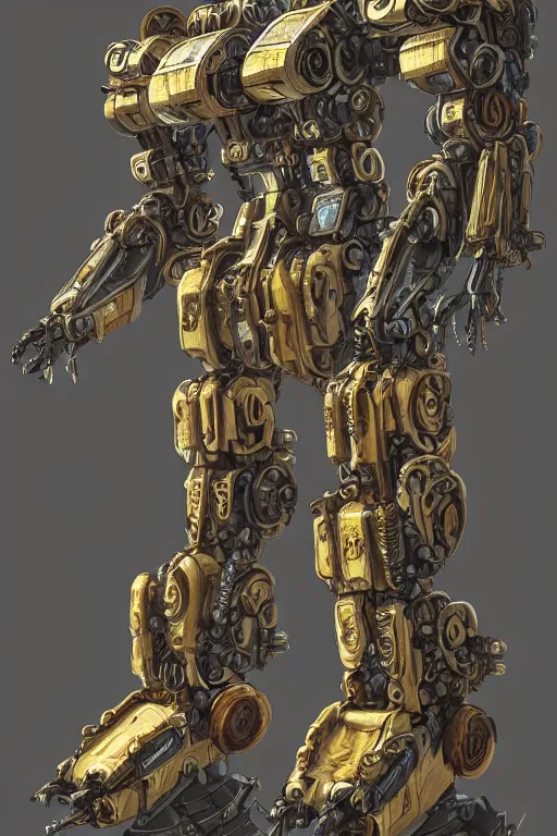 Image similar to realistic ancient mecha in a futuristic landscape designed by makoto kobayashi and luca zampriolo, portrait, cyberpunk style, wood and gold details, intricate, extremely detailed, ornate, deep of field, hard surface, exoskeleton, substance designer metal