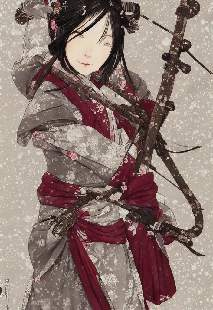 Image similar to detailed portrait of girl samurai in hakama with swords and steampunk rifles, in snow forest sakura cherry blossom, hakama kimono, taisho roman, trending on artstation elite, elegant, luxury, by krenz cushart, junji ito, takato yamamoto, perfect face, fine details, realistic shaded, fine - face, pretty face