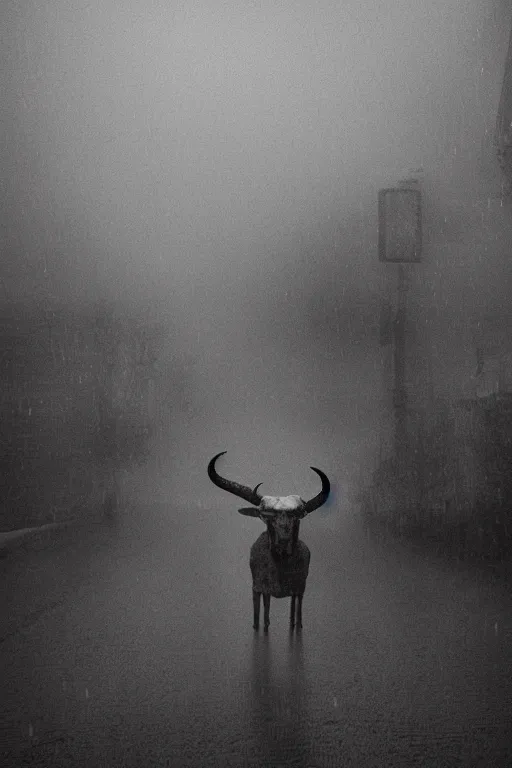 Image similar to the most evil looking goat ever seen and a clown in the street, rainy day, foggy, by gregory crewdson