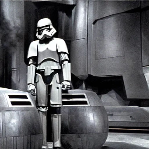 Prompt: Luke Skywalker attempts to stop the Death Star in the silent movie version of Star Wars (1921) by Fritz Lang, in front of a set reminiscent of Metropolis