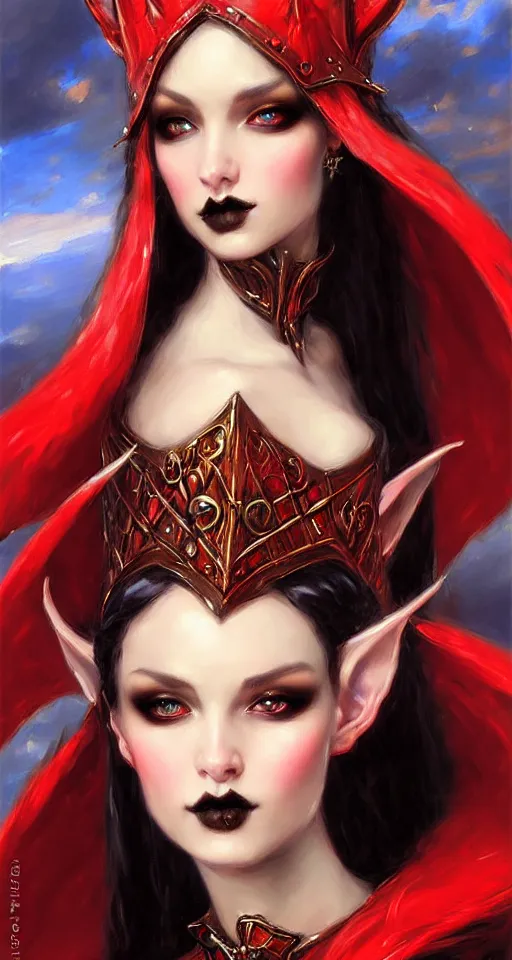 Image similar to Gothic elf princess in red dragon armor by Konstantin Razumov, face close up