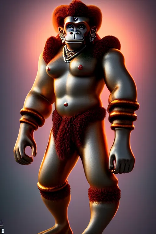 Image similar to high quality 3 d render post - rococo cyberpunk hanuman! head morning mumbai, madhubani, highly detailed, cinematic smooth unreal engine, lee madgwick & liam wong, dramatic light, long shot, low angle, uhd 8 k, sharp focus