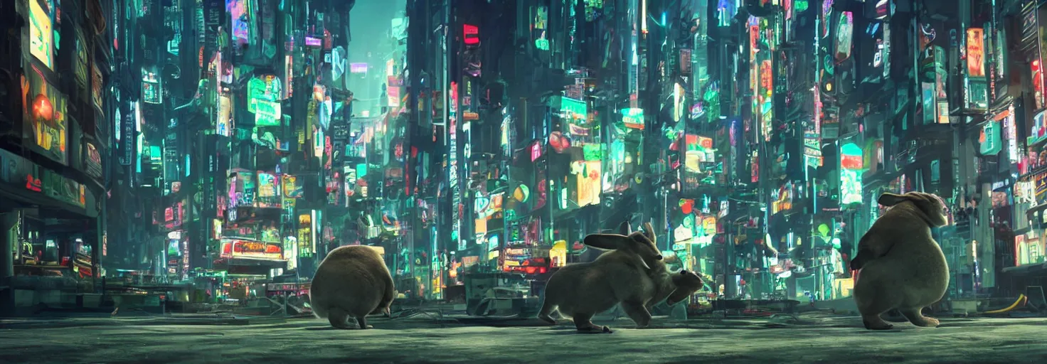 Image similar to photo big chungus roaming in a cyberpunk futuristic city