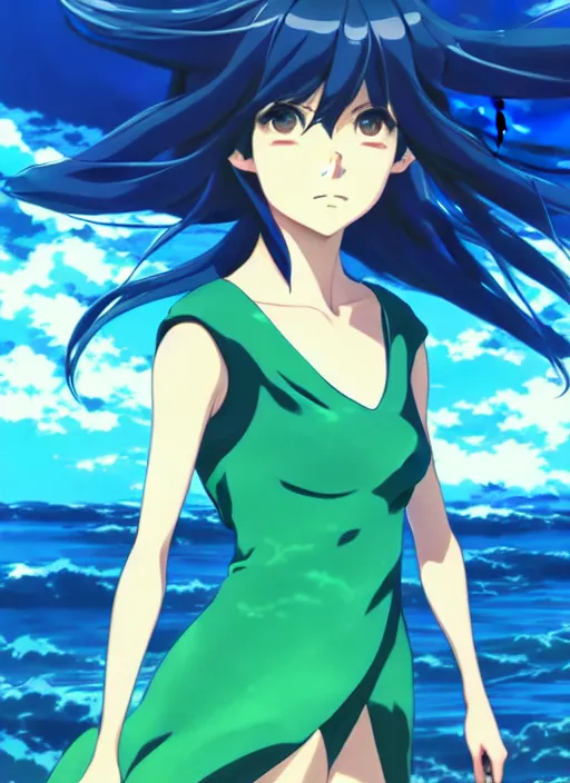 Image similar to makoto shinkai, artgerm, ilya kuvshinov, beautiful anime women with green dress, long blue hair, water powers water swirling, symmetrical face, symmetrical eyes, detailed, beach setting, cinematic lighting