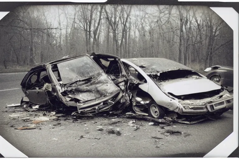 Image similar to old polaroid of a car crash, corpse on the road