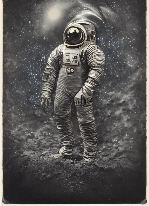 Prompt: old wetplate daguerreotype portrait of a futuristic silver armored space astronaut, fractal, intricate, elegant, highly detailed, parallax, leica, medium format, subsurface scattering, by jheronimus bosch and greg rutkowski and louis jacques mande daguerre