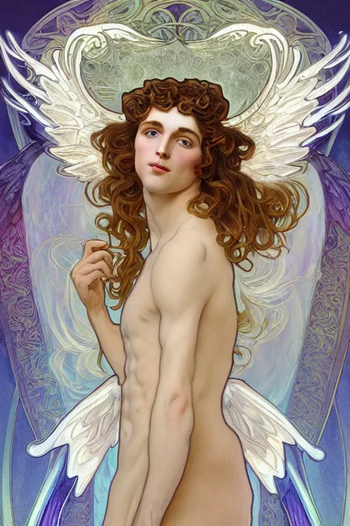 Image similar to full figure art nouveau portrait of a beautiful young fit male angel with curly blond hairs, dressed with fluent clothes, majestic wings, luminous halo, by alfons mucha, d & d character, gradient white to gold, in front of an iridescent background, highly detailed portrait, digital painting, artstation, concept art, smooth, sharp focus illustration, artstation hq