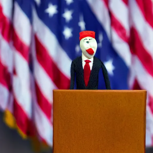 Prompt: puppet show of a string marionette of a president with clown face in a podium