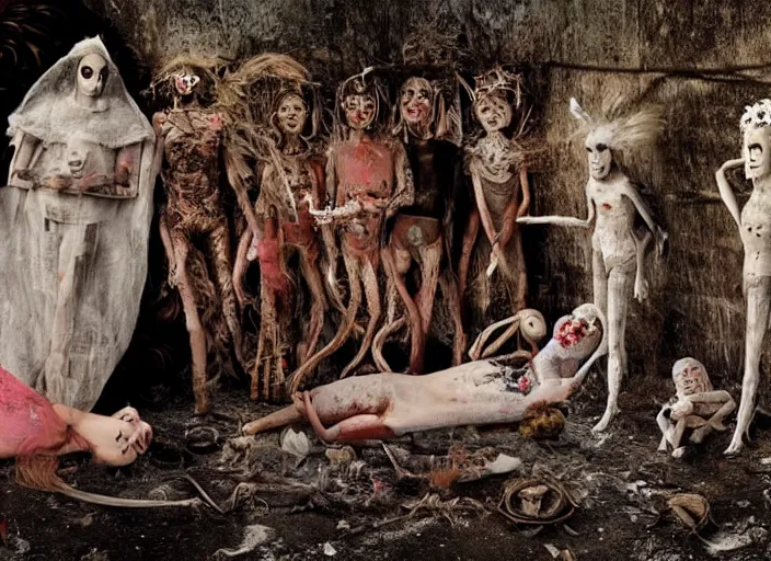 Prompt: sensual scene from art house film by alejandro jodorowsky, roger ballen and wes anderson : : surreal scene of an occult ritual in a picturesque outdoors setting : : mirrors, masks, costumes, snakes, smoke, burned dolls : : close - up of the actors'faces : : technicolor, 8 k
