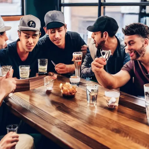 Image similar to a group of 2 7 year old men sharing a beer at a table in the style of pokemon the anime