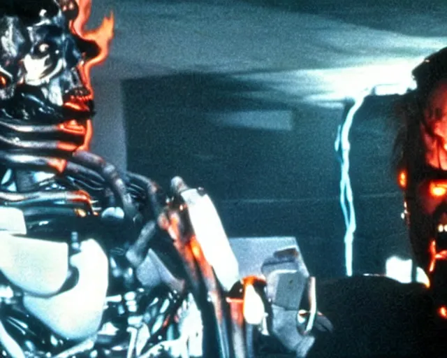 Image similar to Jack Nicholson plays Terminator wearing leather jacket and his endoskeleton is visible his eye glows red, walking out of flames