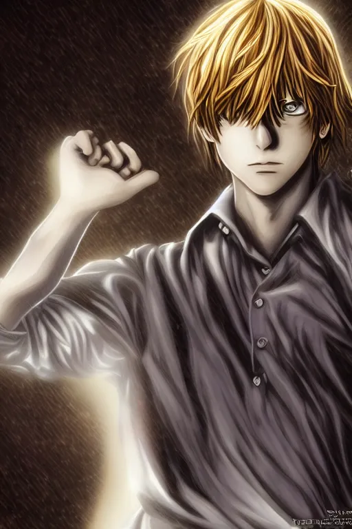 Image similar to light yagami, god of the new world, highly detailed, digital art, sharp focus, trending on art station, death note