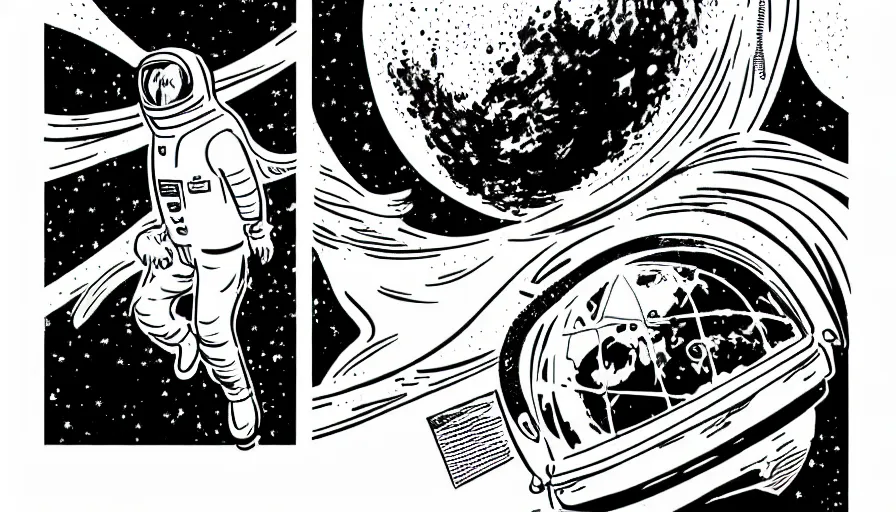 Image similar to travel to the moon in a dream, style of graphic novel, style of will eisner, black outline, on white, smooth, thin sharp lines, detailed