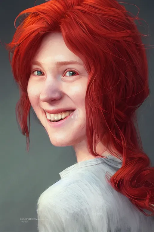 Prompt: ultra realistic style illustration of a cute red haired old teen smiling, 1 9 year old, headshot, sci - fi, fantasy, intricate, elegant, digital painting, artstation, concept art, smooth, sharp focus, illustration, 8 k frostbite 3 engine, ultra detailed, art by artgerm and greg rutkowski and magali villeneuve