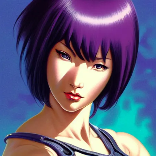 Image similar to head and shoulders portrait of Motoko Kusanagi, Starcraft illustration, medium shot, intricate, elegant, highly detailed, digital art, ffffound, art by gil elvgren and JC Leyendecker and sachin teng