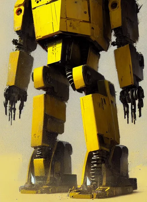 Image similar to tall strong intricate yellow pit droid, pancake short large head painterly mecha, by Greg Rutkowski