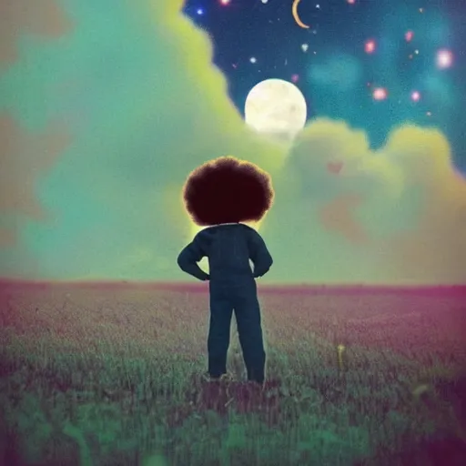 Prompt: a black boy with an afro dressed like an astronaut in a field of cotton candy watching the moon explode, retroscifi