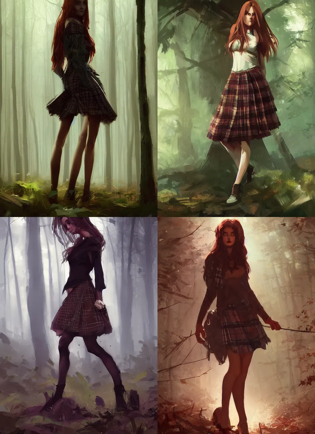 Prompt: beautiful woman in plaid miniskirt standing in a dark forest, by greg rutkowski, trending on artstation