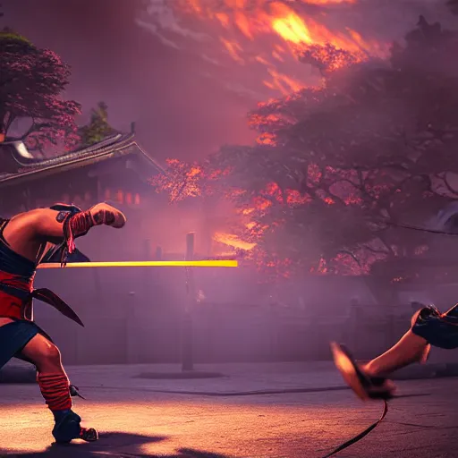 Prompt: photo of an action fight scene between a samurai and a ninja, unreal engine, hyper realistic, high detail, cinematic, magic, japan, temples, beautiful lighting, smoke, fire, lightning,