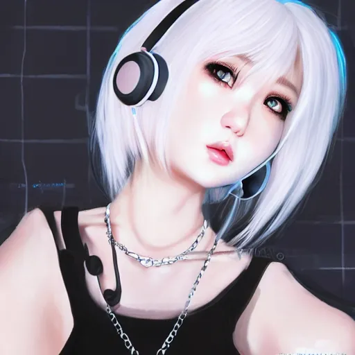 Image similar to realistic teasing detailed semirealism beautiful gorgeous cute Blackpink Lalisa Manoban white hair white cat ears blue eyes, wearing black camisole outfit, headphones, black leather choker full HD 4K high resolution quality WLOP, Aztodio, Taejune Kim, Guweiz, Pixiv, Instagram, Artstation