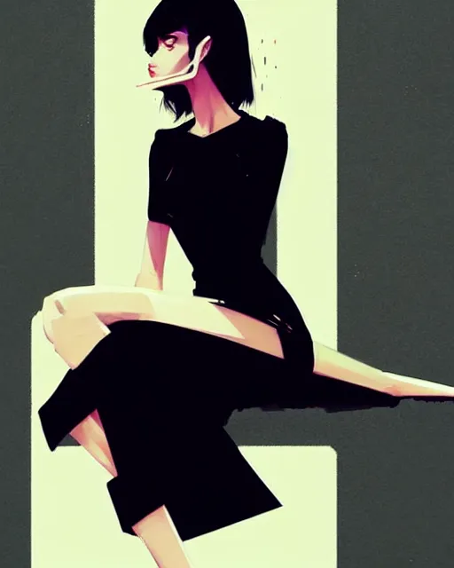 Image similar to a ultradetailed beautiful panting of a stylish woman in a black dress sitting, by conrad roset, greg rutkowski and makoto shinkai trending on artstation