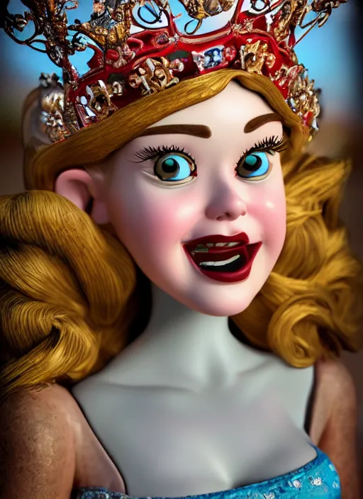 Prompt: closeup face profile portrait of a tin toy fairytale princess wearing a crown eating cakes, bikini, depth of field, zeiss lens, detailed, symmetrical, centered, fashion photoshoot by dan decarlo, bob clampett, bill ward, max fleischer hyperrealistic, octane render