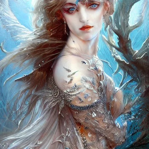 Prompt: a beautiful woman wearing a white dress made of silver with jewelry and diamonds by karol bak, ayami kojima, arabian blue eyes, concept art, fantasy