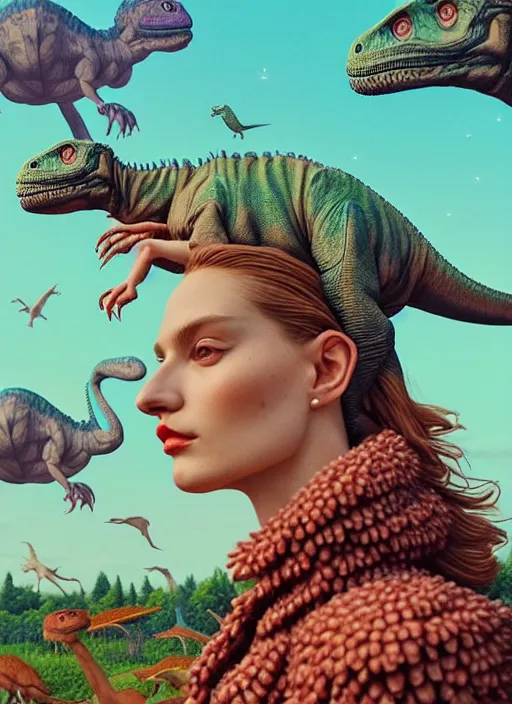 Prompt: pretty model with cute dinosaurs : : by martine johanna and simon stalenhag and chie yoshii and casey weldon and wlop : : ornate, dynamic, particulate, rich colors, intricate, elegant, highly detailed, vogue, harper's bazaar art, fashion magazine, detailed face, smooth, sharp focus, 8 k, octane render,