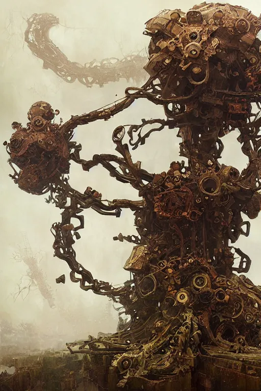 Prompt: dieselpunk tree made from engines, painted by ruan jia, raymond swanland, lawrence alma tadema, zdzislaw beksinski, norman rockwell, jack kirby, tom lovell, alex malveda, greg staples