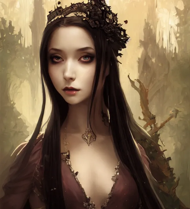 Prompt: portrait of of young beautiful female princess, d & d, centered face, gothic dress, elegant, shiny lips, flat lighting, intricate, highly detailed, digital painting, artstation, concept art, smooth, sharp focus, illustration, closeup, misa amane, art by simon bisley and greg rutkowski and alphonse mucha, natural tpose