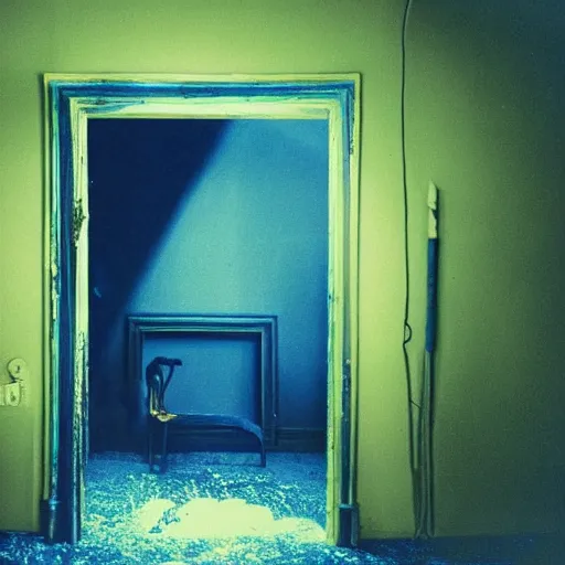 Image similar to a black unicorn in a blue and gold haunted liminal abandoned room, film still by david lynch, limited color palette, very intricate, art noveau, highly detailed, strong lights, liminal, eerie, bright pastel colors