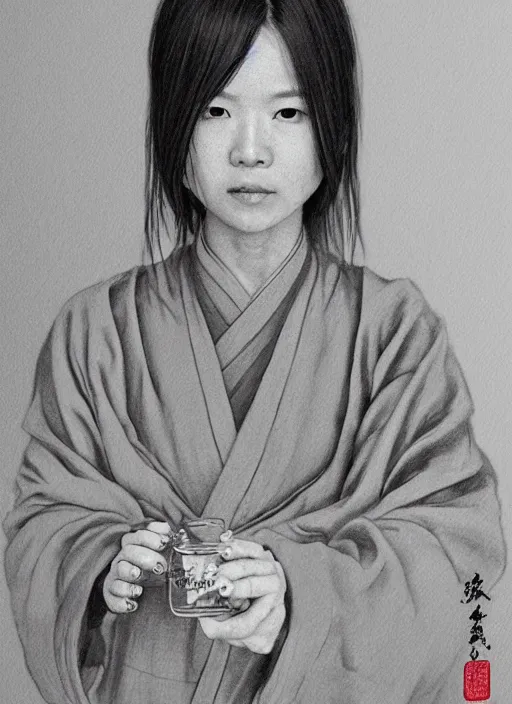 Image similar to full portrait of a female monk drinking a jar of baijiu by wlop, wuxia, xianxia, drunken boxing, drunken fist, drunken master, weathered olive skin, athletic, playful, fully clothed, monk's robe, baijiu, clay jar, detailed, realistic, anatomically accurate, fantasy illustration, artstation, wlop.