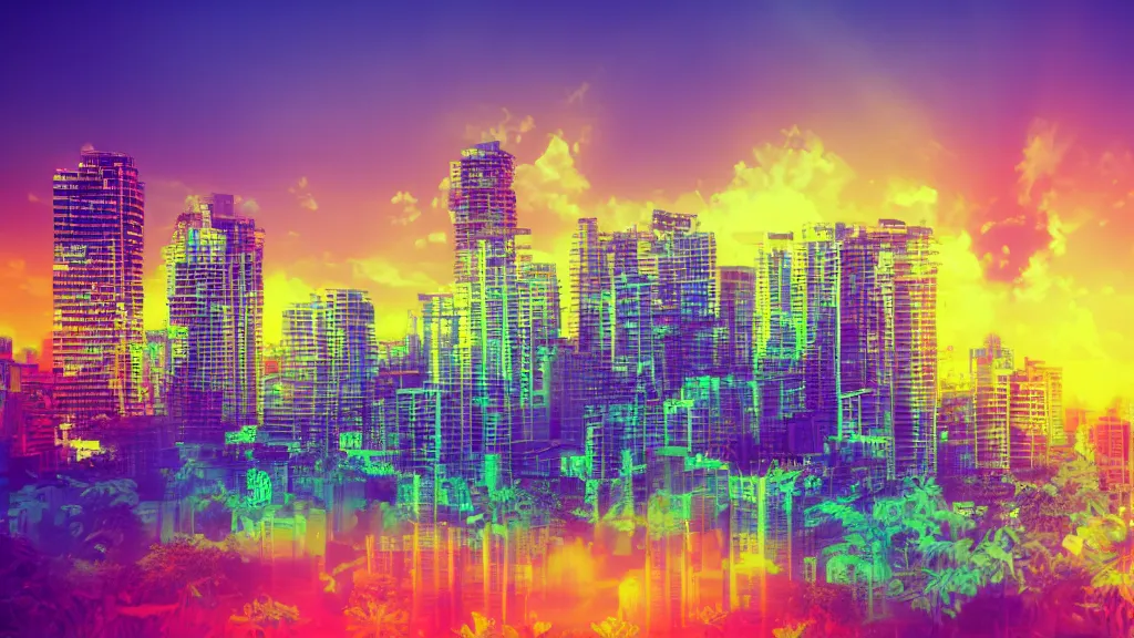 Image similar to golden city in a vaporwave jungle, 4k, ultra realistic, colorful, award winning photograph