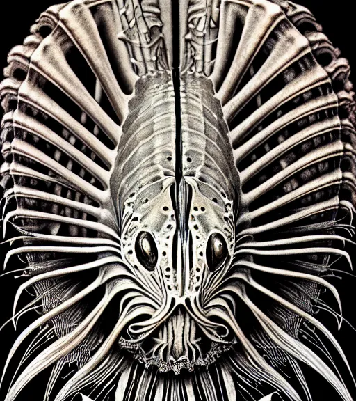 Image similar to detailed realistic beautiful lionfish goddess face portrait by jean delville, gustave dore, iris van herpen and marco mazzoni, art forms of nature by ernst haeckel, art nouveau, symbolist, visionary, gothic, neo - gothic, pre - raphaelite, fractal lace, intricate alien botanicals, ai biodiversity, surreality, hyperdetailed ultrasharp octane render